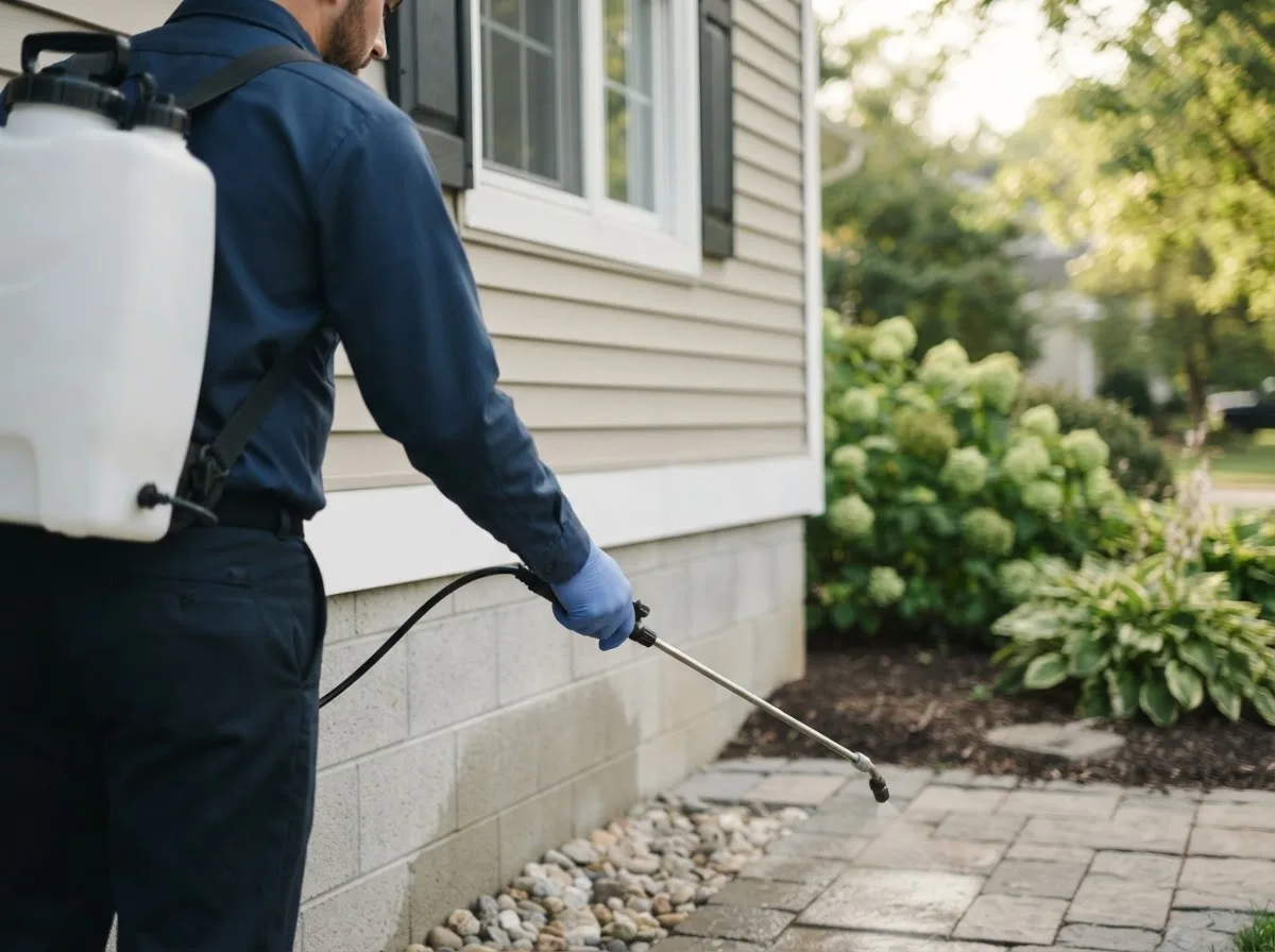 Pest control technician inspecting a home in Grantville, PA